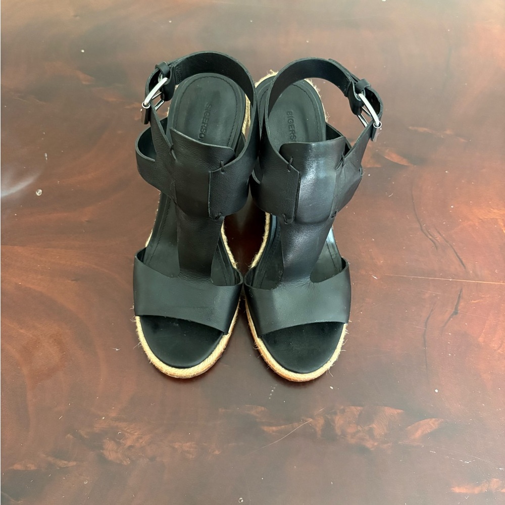 Sigerson Morrison Black Leather Espadrille Wedge Sandals 8.5